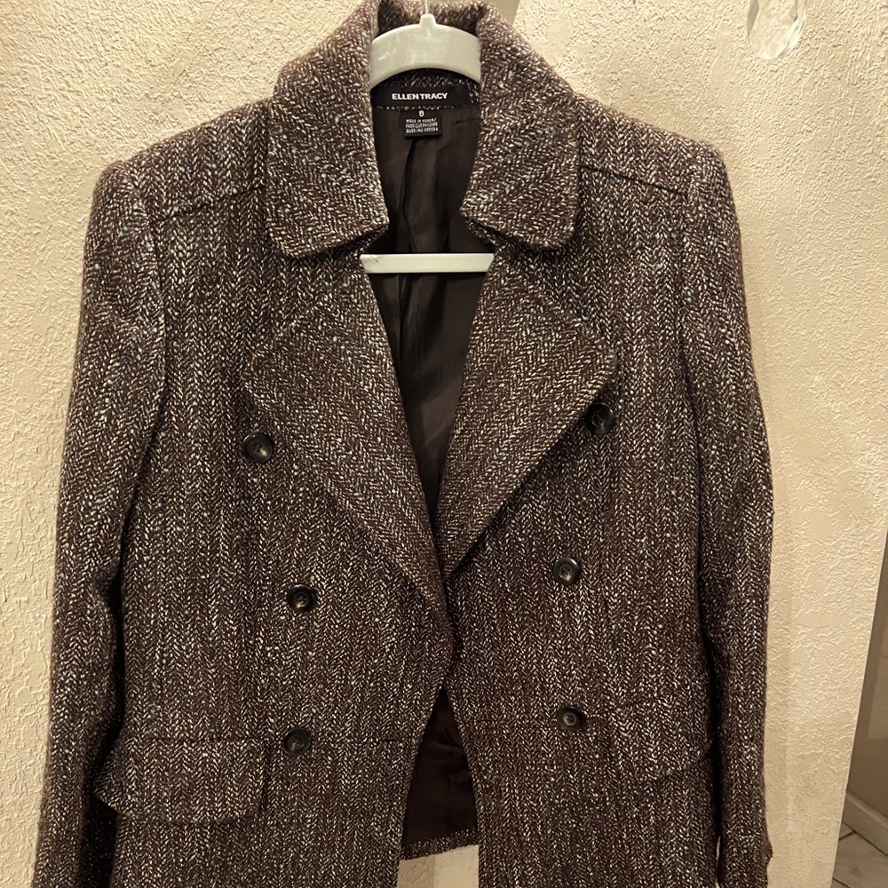Ellen Tracy brown and blue  Pea Coat with Herringbone Pattern